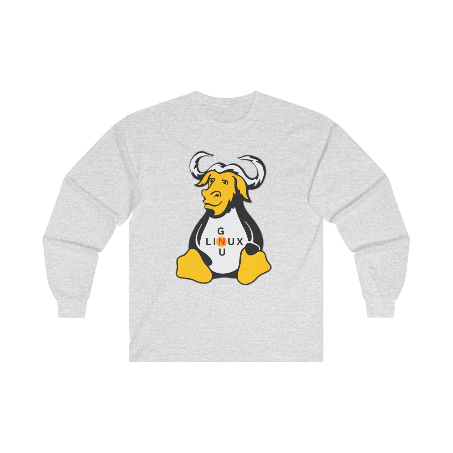 Lilmonal long-sleeve unisex linux t-shirt with GNU mascot graphic on light gray fabric