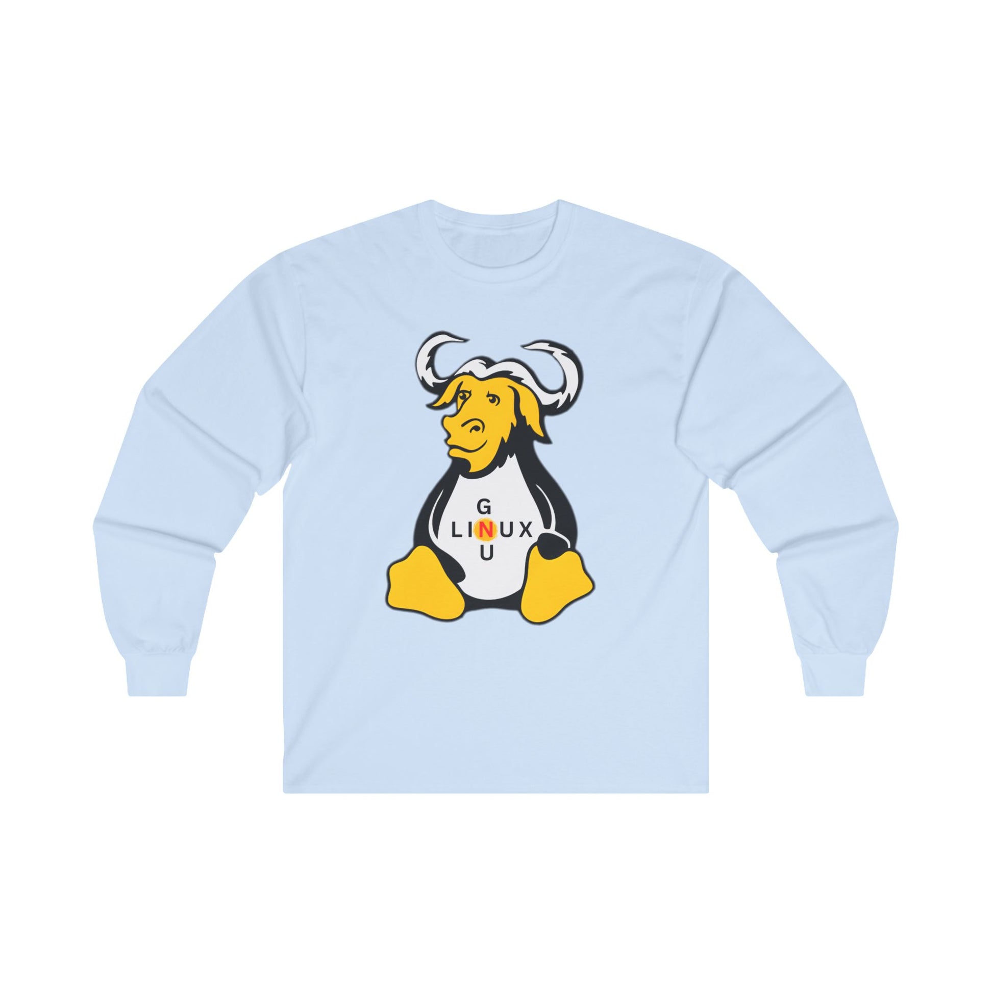 Light blue Printify long sleeve unisex linux t-shirt with GNU mascot graphic on front