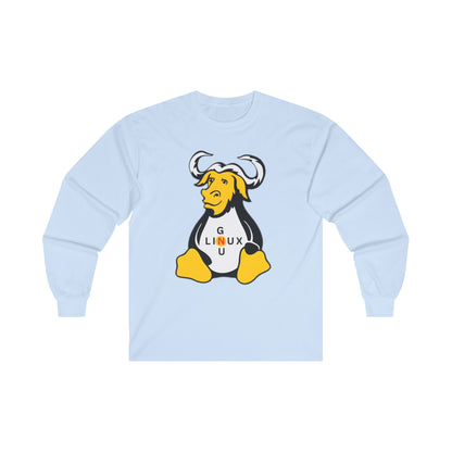 Light blue Printify long sleeve unisex linux t-shirt with GNU mascot graphic on front