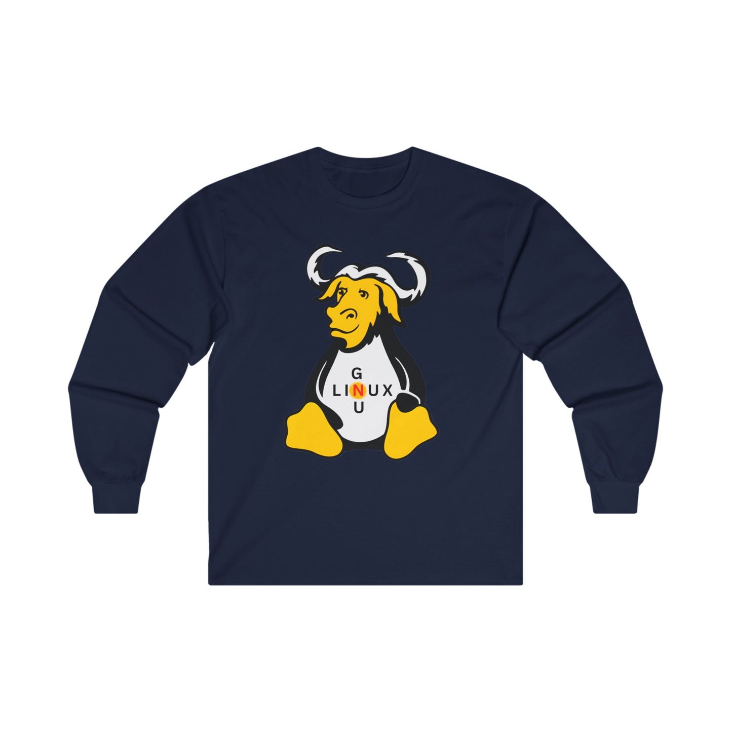 Lilmonal navy long-sleeve unisex linux t-shirt featuring a yellow and black GNU mascot graphic