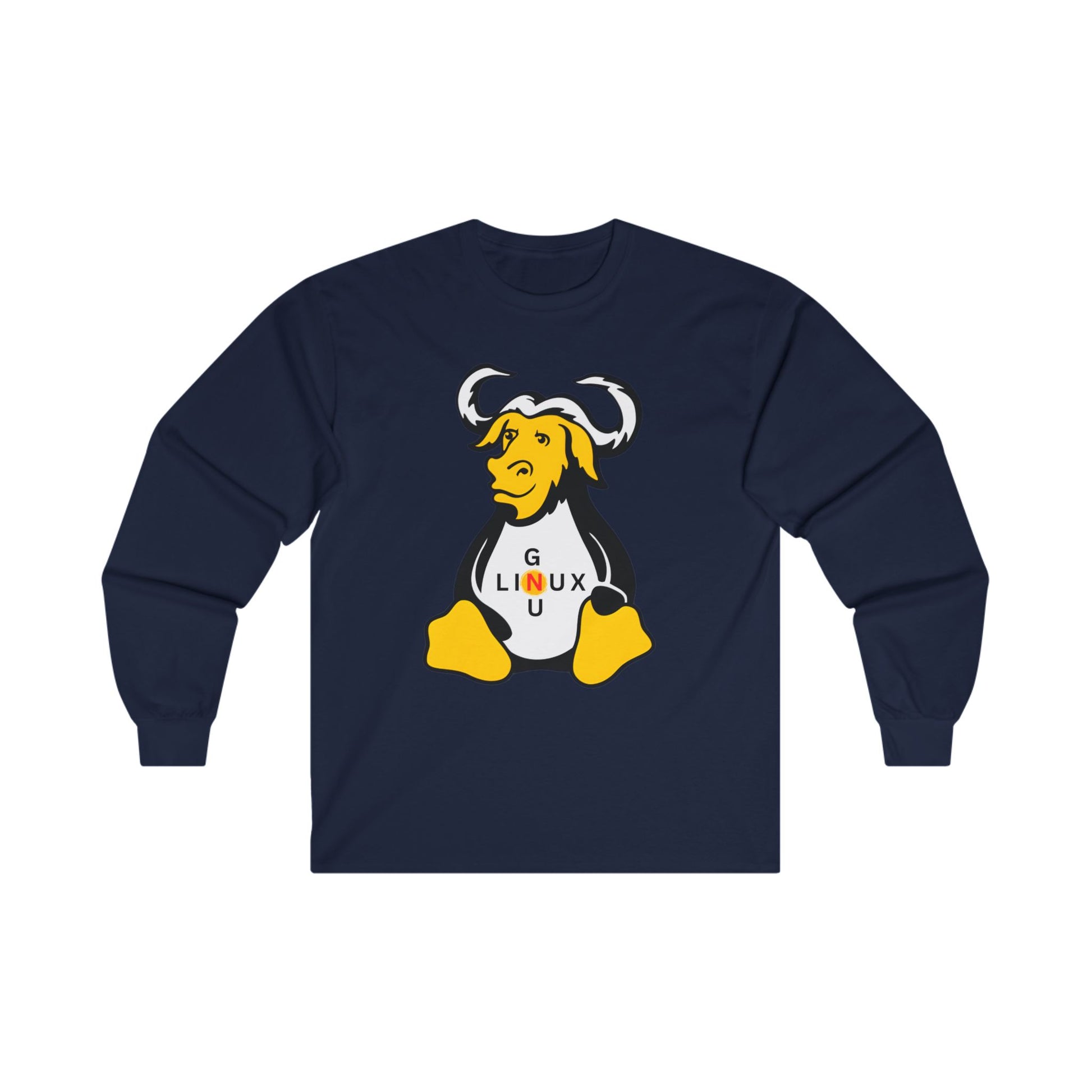 Lilmonal navy long-sleeve unisex linux t-shirt featuring a yellow and black GNU mascot graphic