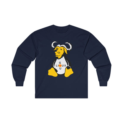 Lilmonal navy long-sleeve unisex linux t-shirt featuring a yellow and black GNU mascot graphic