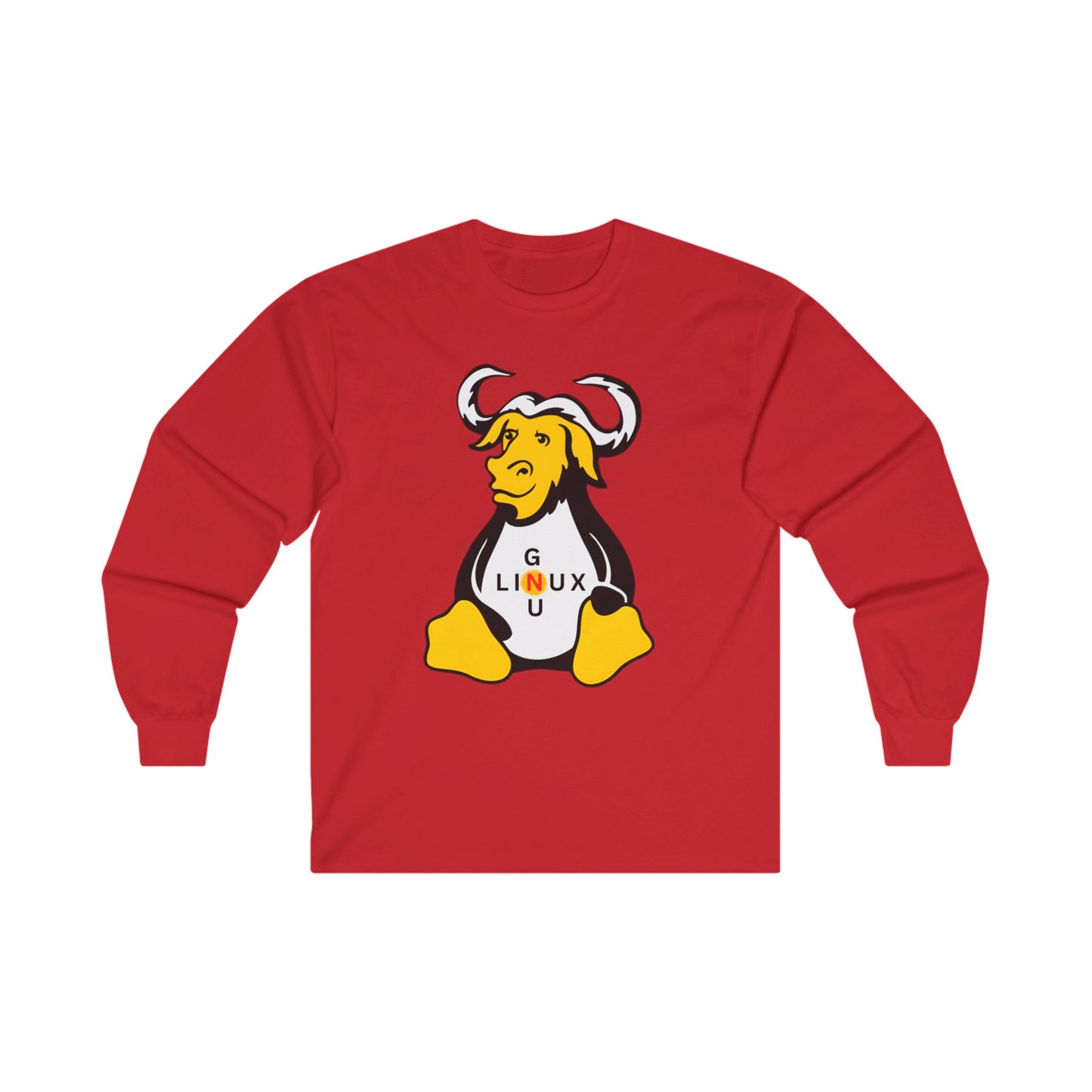 Red long-sleeve unisex linux t-shirt featuring GNU mascot graphic by Lilmonal