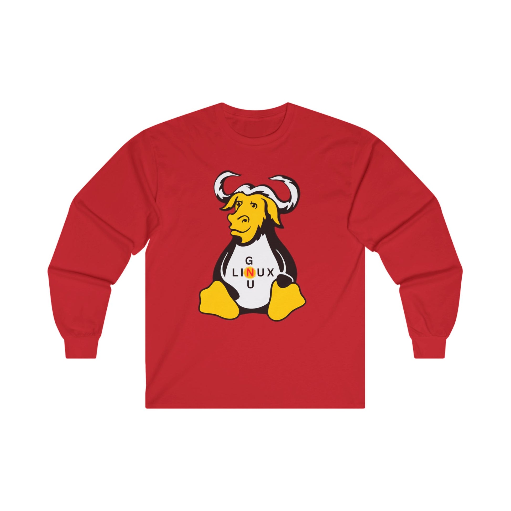 Red long-sleeve unisex linux t-shirt featuring GNU mascot graphic by Lilmonal
