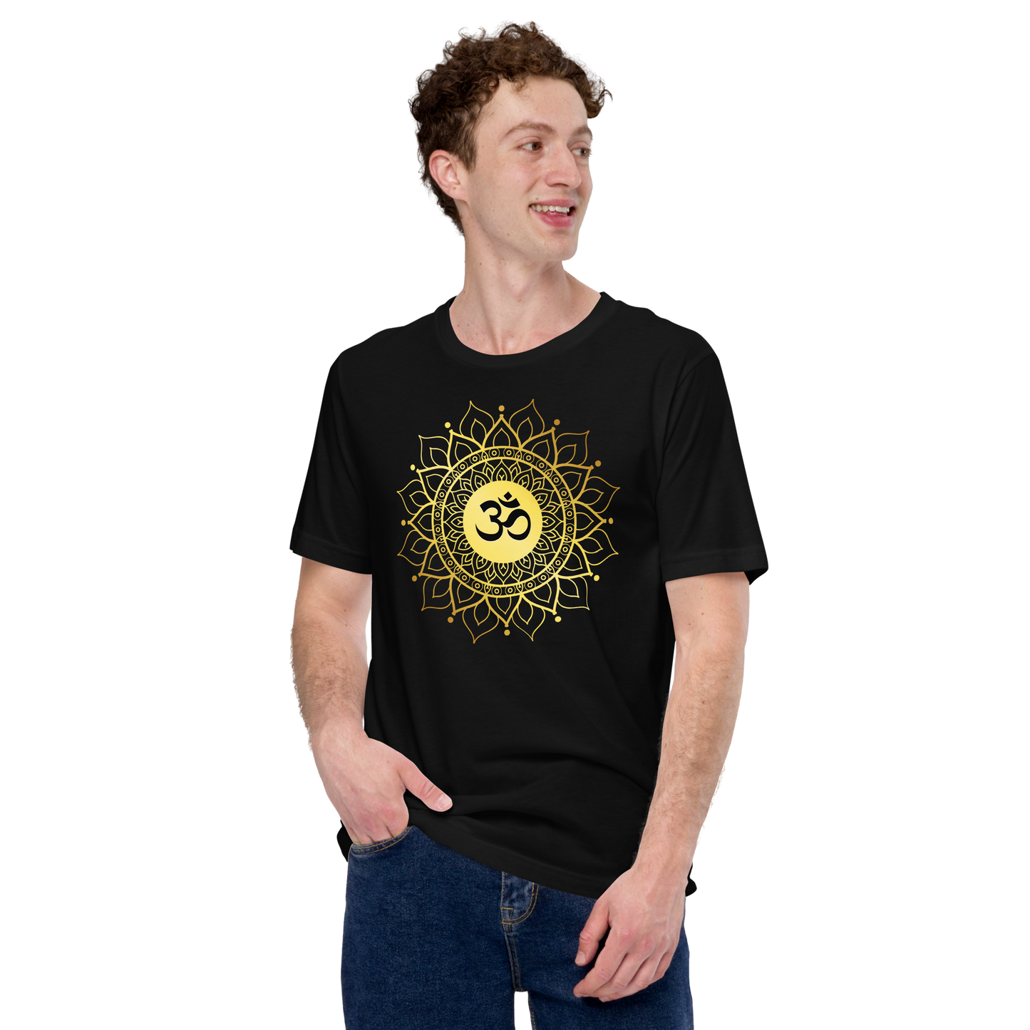 Unisex OM with mandala yoga t shirt in black featuring a gold mandala design on front
