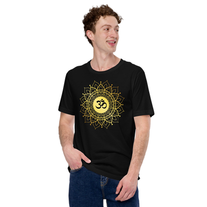 Unisex OM with mandala yoga t shirt in black featuring a gold mandala design on front