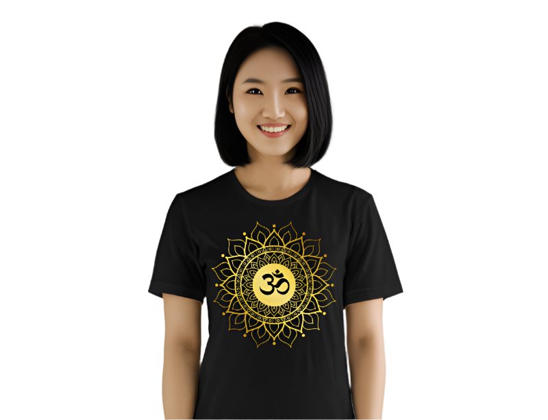 Unisex OM with mandala yoga t shirt in black worn by smiling woman with short hair