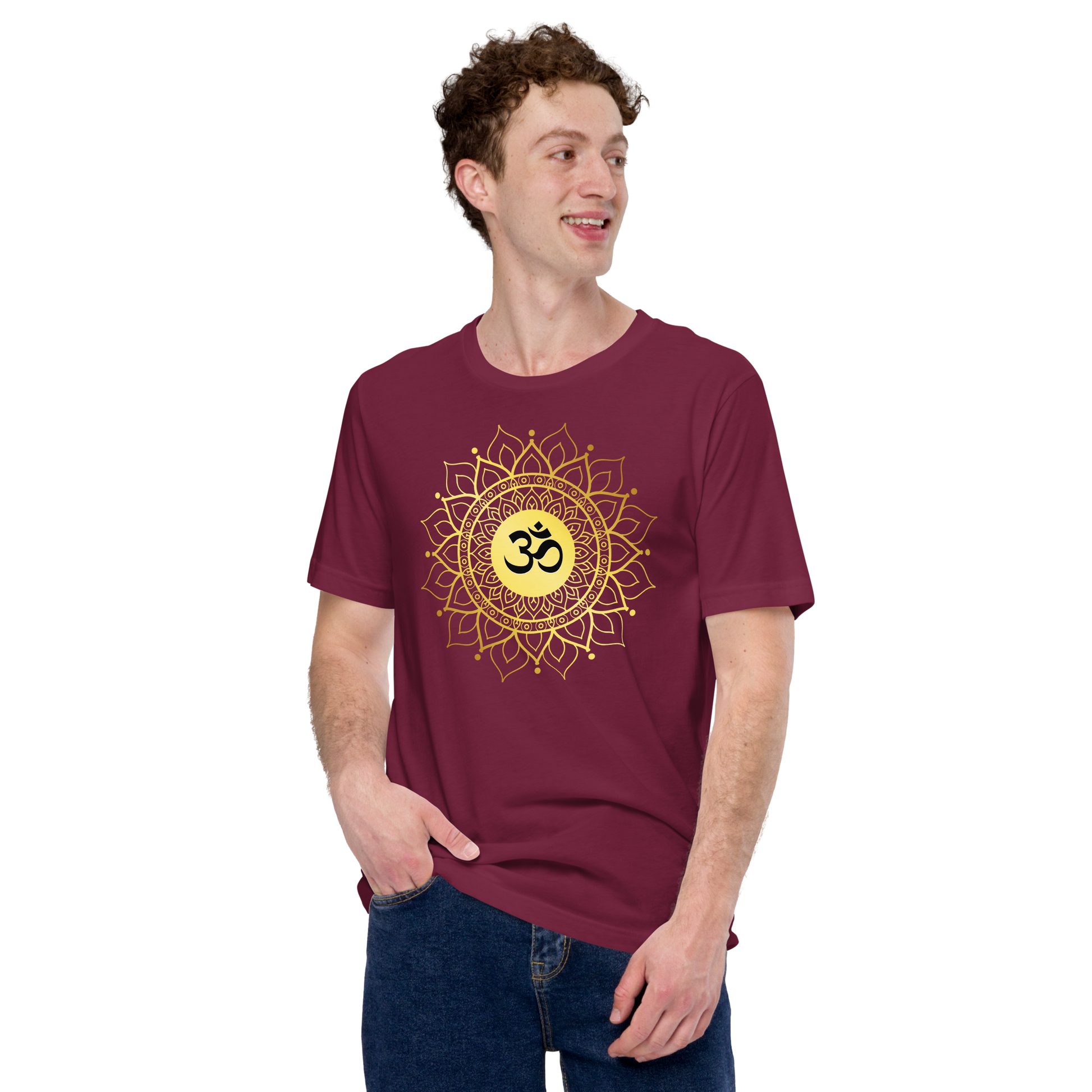 Unisex OM with mandala yoga t shirt in maroon featuring golden mandala design worn by smiling man
