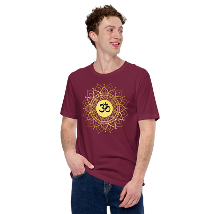 Unisex OM with mandala yoga t shirt in maroon featuring golden mandala design worn by smiling man