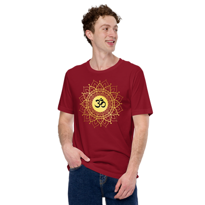 Unisex OM with mandala yoga t shirt in red featuring gold OM symbol and intricate mandala design