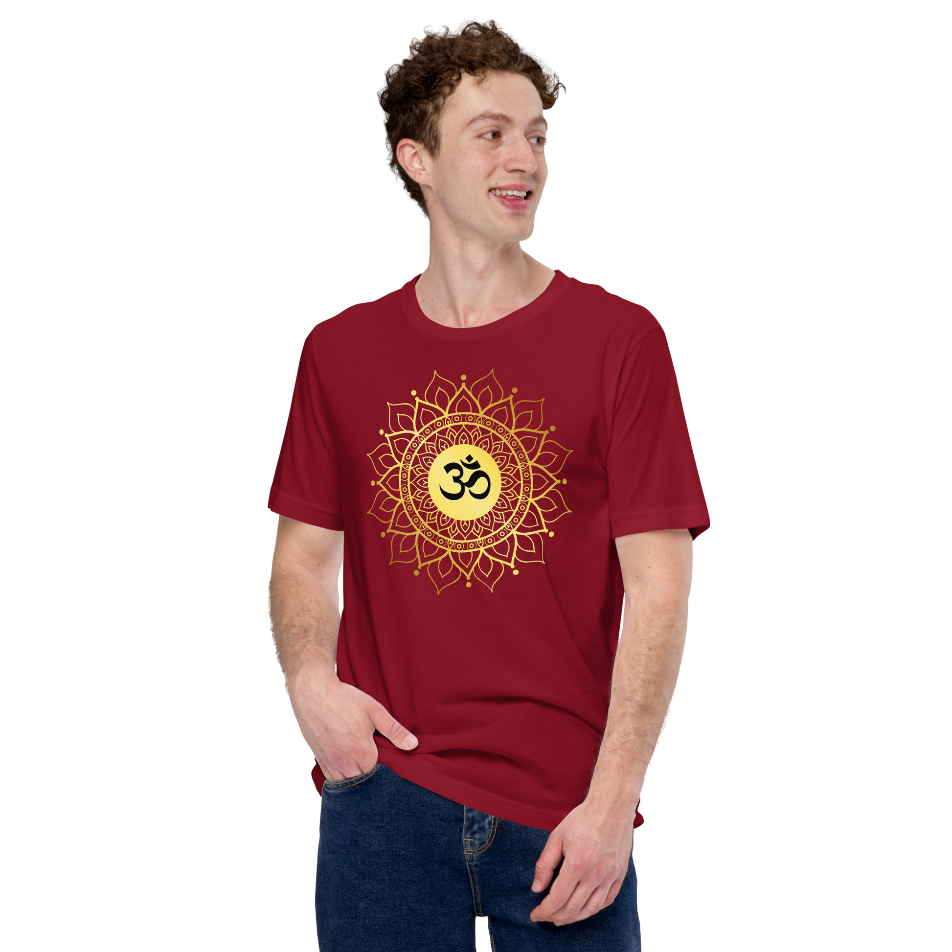 Unisex OM with mandala yoga t shirt in red featuring a gold intricate mandala design worn by a smiling man