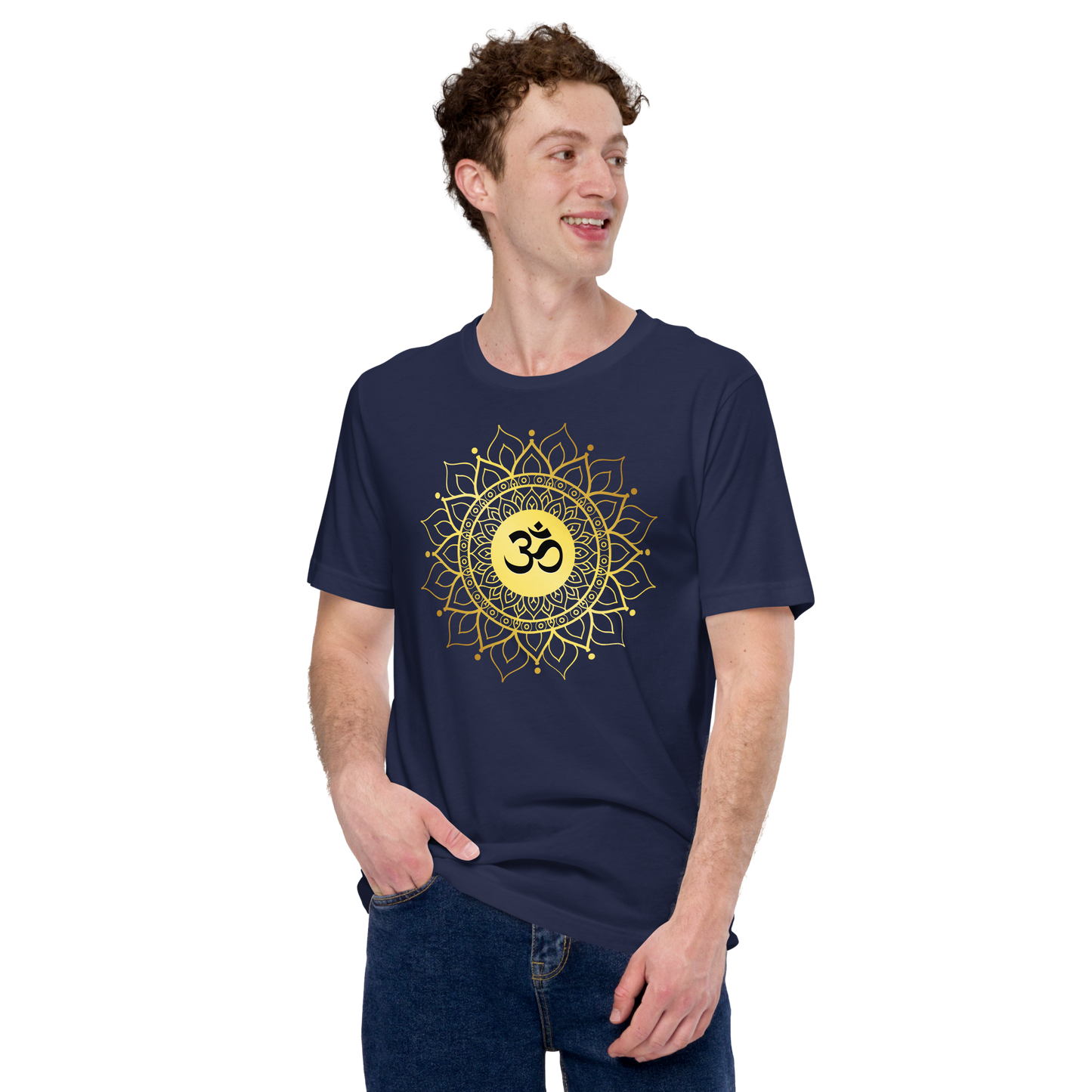 Unisex OM with mandala yoga t shirt in navy blue with gold mandala design worn by male model