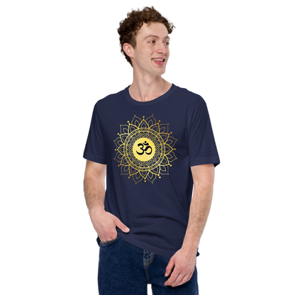 Unisex OM with mandala yoga t shirt in navy blue with gold mandala design worn by male model