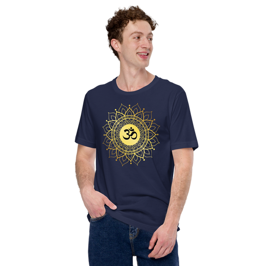 Unisex OM with mandala yoga t shirt in navy blue featuring a golden mandala design