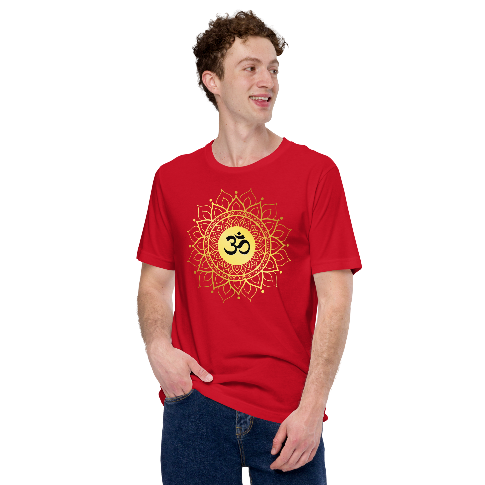 Red unisex OM with mandala yoga t shirt featuring a yellow and gold mandala design worn by a smiling male model