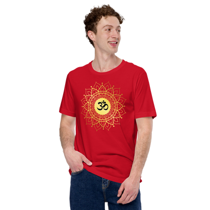 Red unisex OM with mandala yoga t shirt featuring a yellow and gold mandala design worn by a smiling male model