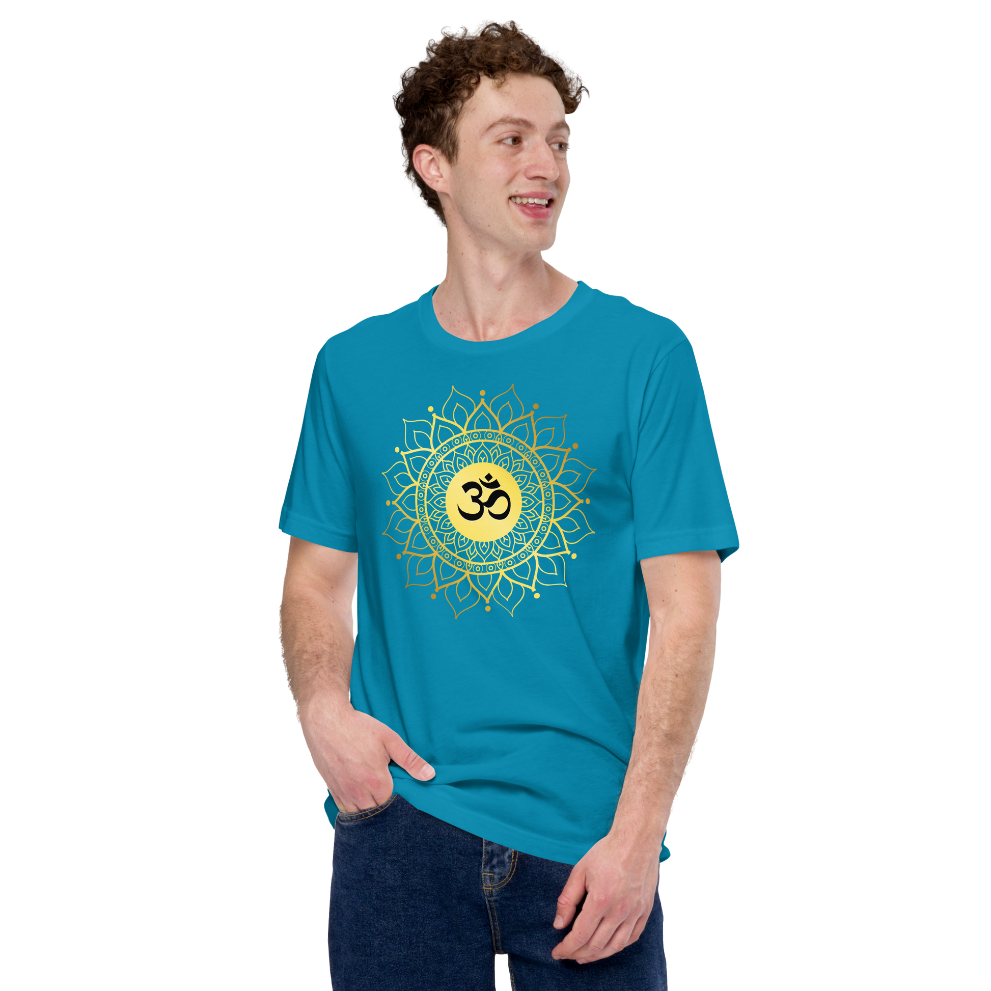 Lilmonal unisex OM with mandala yoga t shirt in turquoise with gold mandala design worn by smiling man