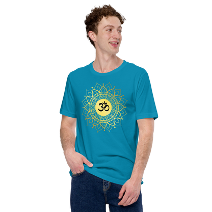 Lilmonal unisex OM with mandala yoga t shirt in turquoise with gold mandala design worn by smiling man