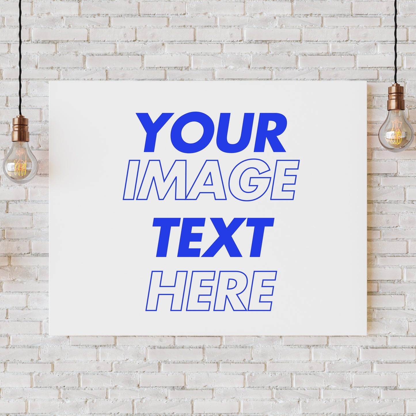 Lilmonal customizable canvas with your image and text on white brick wall with hanging light bulbs