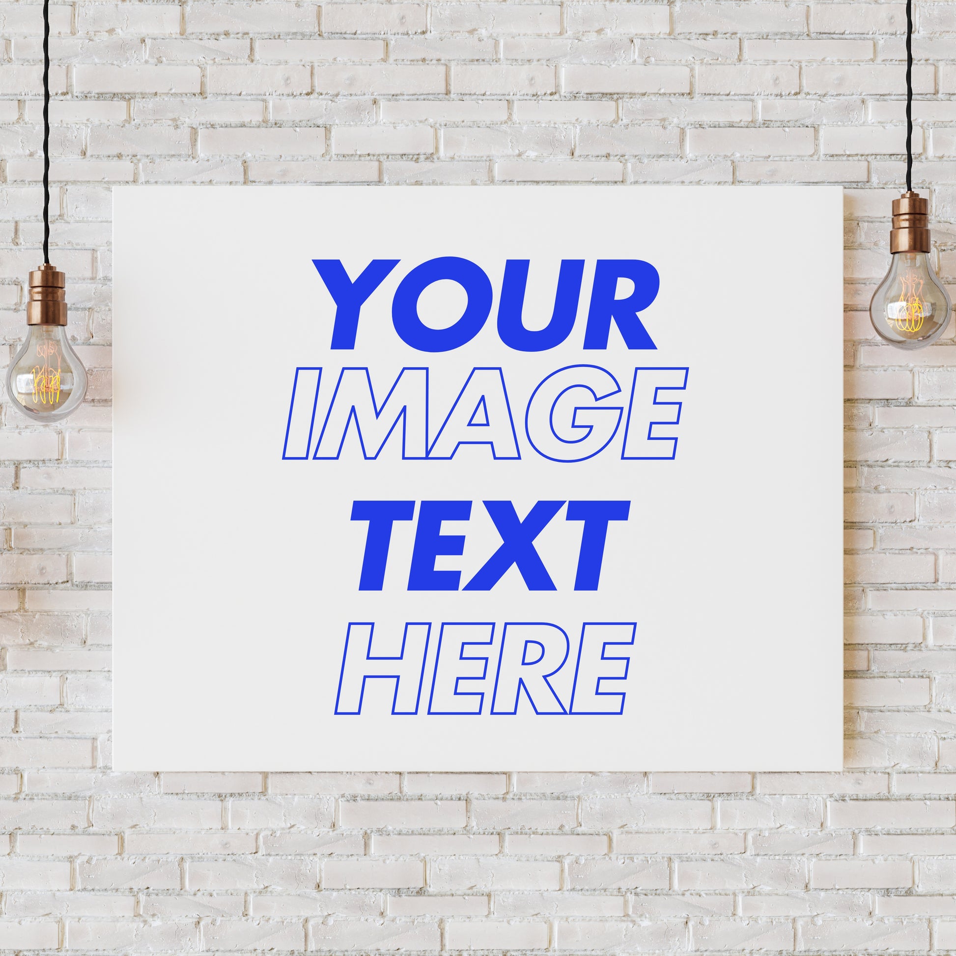 Lilmonal customizable canvas with your image and text on white brick wall with hanging light bulbs