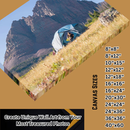 lilmonal canvas wall art featuring tent camping in a mountainous field with clear sky and rugged peaks