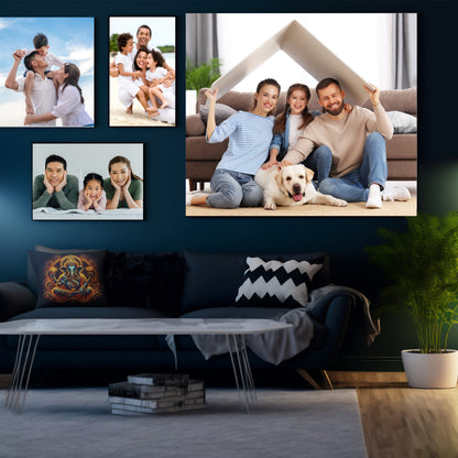 Lilmonal canvas wall art displaying happy family and pet photos in a modern living room