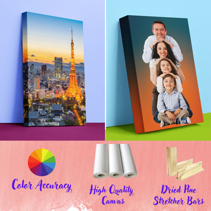 High quality lilmonal canvas prints featuring vibrant cityscape and family photo with color accuracy and dried pine stretcher bars
