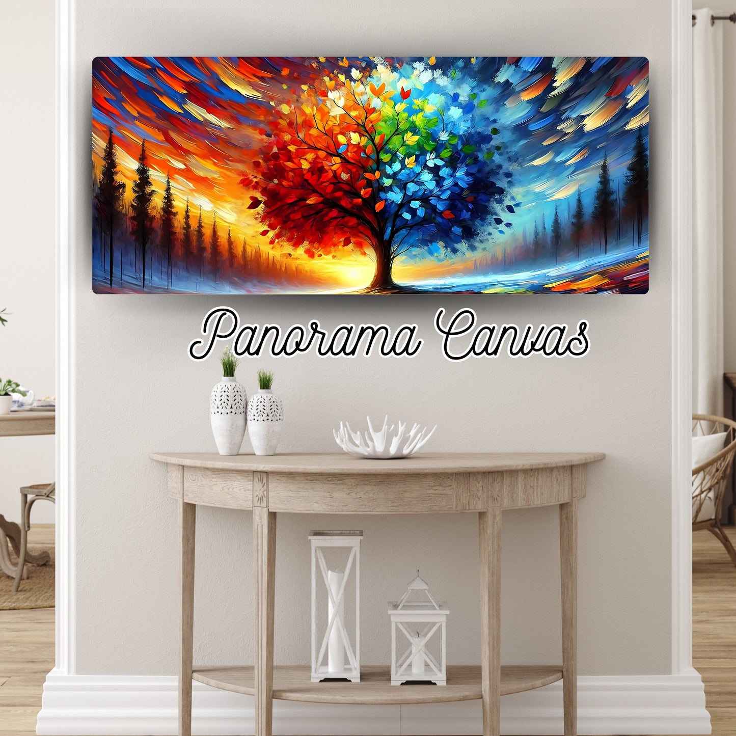 Colorful lilmonal panoramic canvas wall art featuring vibrant tree with red and blue leaves above a wooden console table