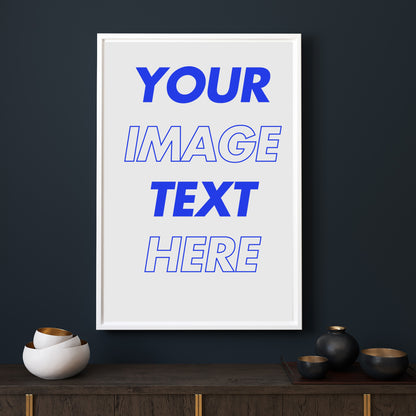 Lilmonal customizable canvas with your image and text in blue on white background hanging on dark wall