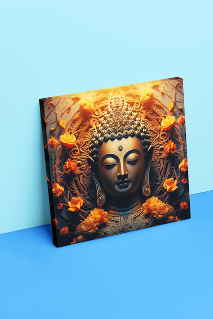 Buddha canvas wall art by lilmonal featuring a serene Buddha with glowing orange lotus flowers