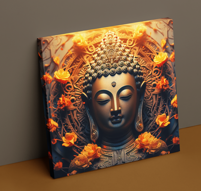 Buddha canvas wall art featuring a serene Buddha head surrounded by orange flowers and intricate patterns