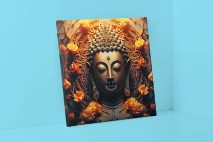 Buddha canvas wall art with intricate golden details and orange flowers on a blue background