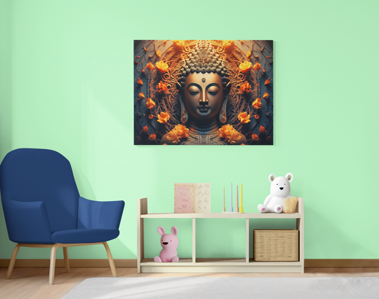 Buddha canvas wall art with intricate golden design hanging on mint green wall above white shelf in modern room