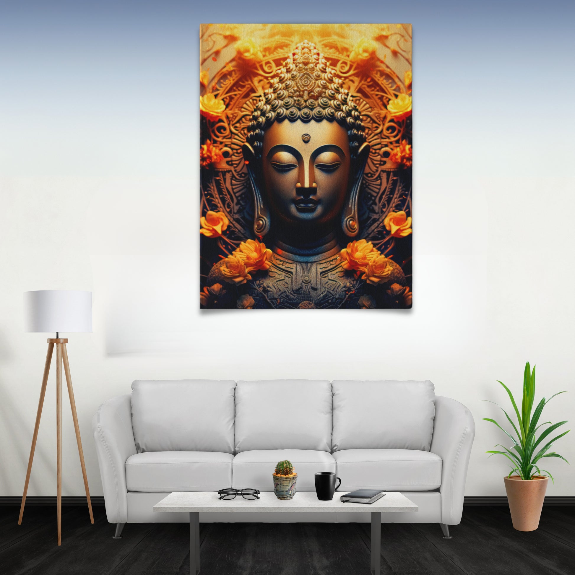 Buddha canvas wall art featuring a golden Buddha face with intricate details and orange flowers in a modern living room