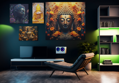 Buddha canvas wall art displayed in modern living room with black chaise lounge and shelving