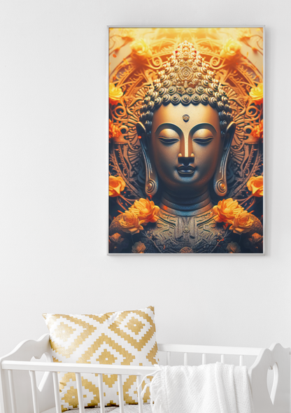 Buddha canvas wall art with golden and orange tones hanging above white crib with patterned pillow