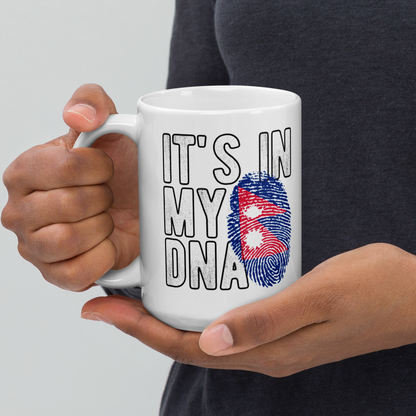 I love Nepal coffee mug featuring fingerprint design with Nepal flag and text Its in my DNA