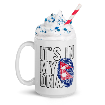 White mug with I love Nepal coffee mug design featuring fingerprint flag and whipped cream topping
