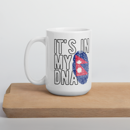 White mug with It’s in my DNA text and Nepal flag fingerprint design I love Nepal coffee mug