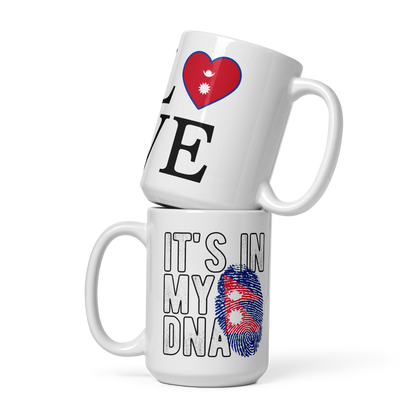 I love Nepal coffee mug with heart-shaped Nepal flag and fingerprint design on white ceramic